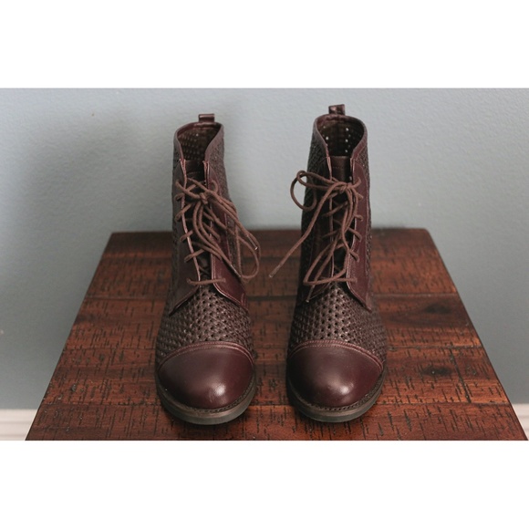 Brown Faux Leather Perforated Lace-up Ankle Boots - Picture 3 of 5